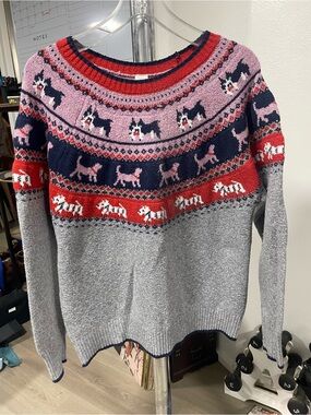 Holiday Time Grey Crewneck Sweater with Navy, Red & Pink Fair Isle Dogs
